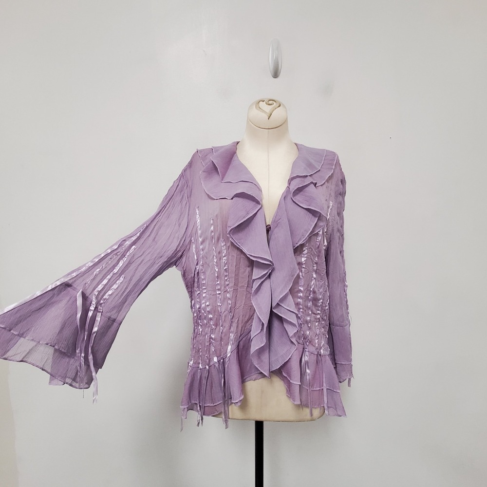 Y2K Fairy Top Size S Pastel Purple Ribbon Flare Sleeve Ruffle Romantic Sheer